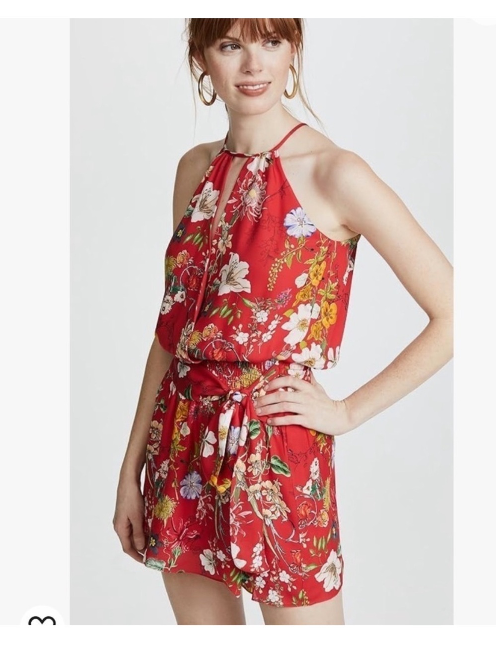 Parker | Larissa Halter Neck Mini Dress Floral Smocked Waist Red Sangria Medium